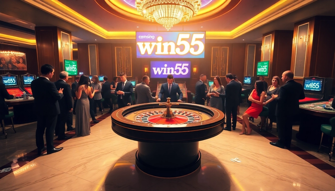 Excited players at a casino table focusing on their winning strategies with the win55 brand highlighted.