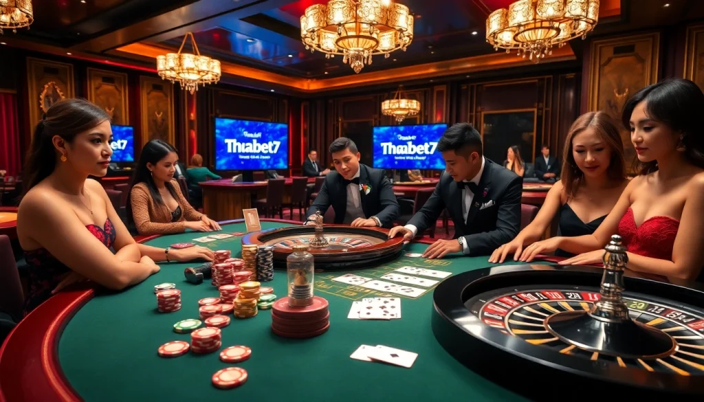 Experience the thrill of high-stakes gaming at thabet77 with poker chips, cards, and roulette.
