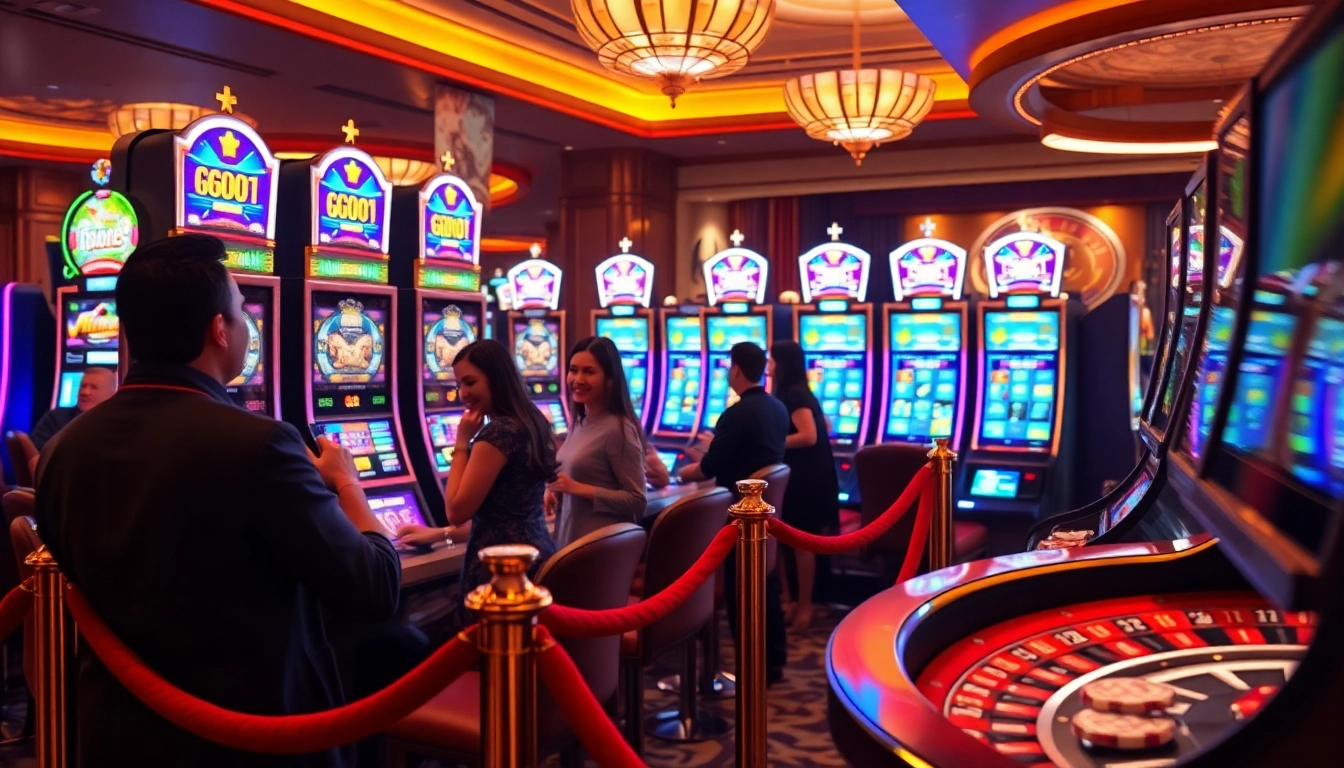 Gambling enthusiasts enjoying the vibrant gg88 slot machines in a luxury casino setting.