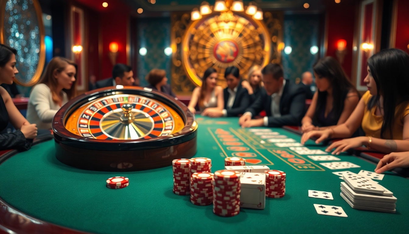 Engaged gamblers at a glamorous casino table with game ai enhancing their experience.