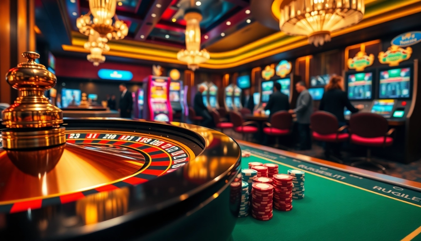 Experience the thrill of casino gaming at https://iwincom.net/ with vibrant slot machines and an elegant roulette wheel.