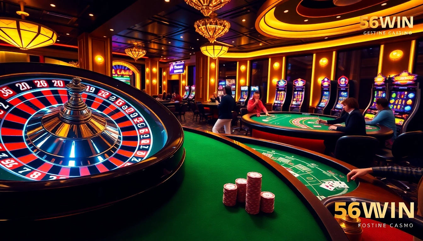 Experience high-stakes excitement at Nhà Cái 56WIN's luxurious casino featuring vibrant gameplay and dazzling lights.