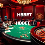 Engaged gamblers at a luxurious HBBET poker table with colorful chips and vibrant slot machines.