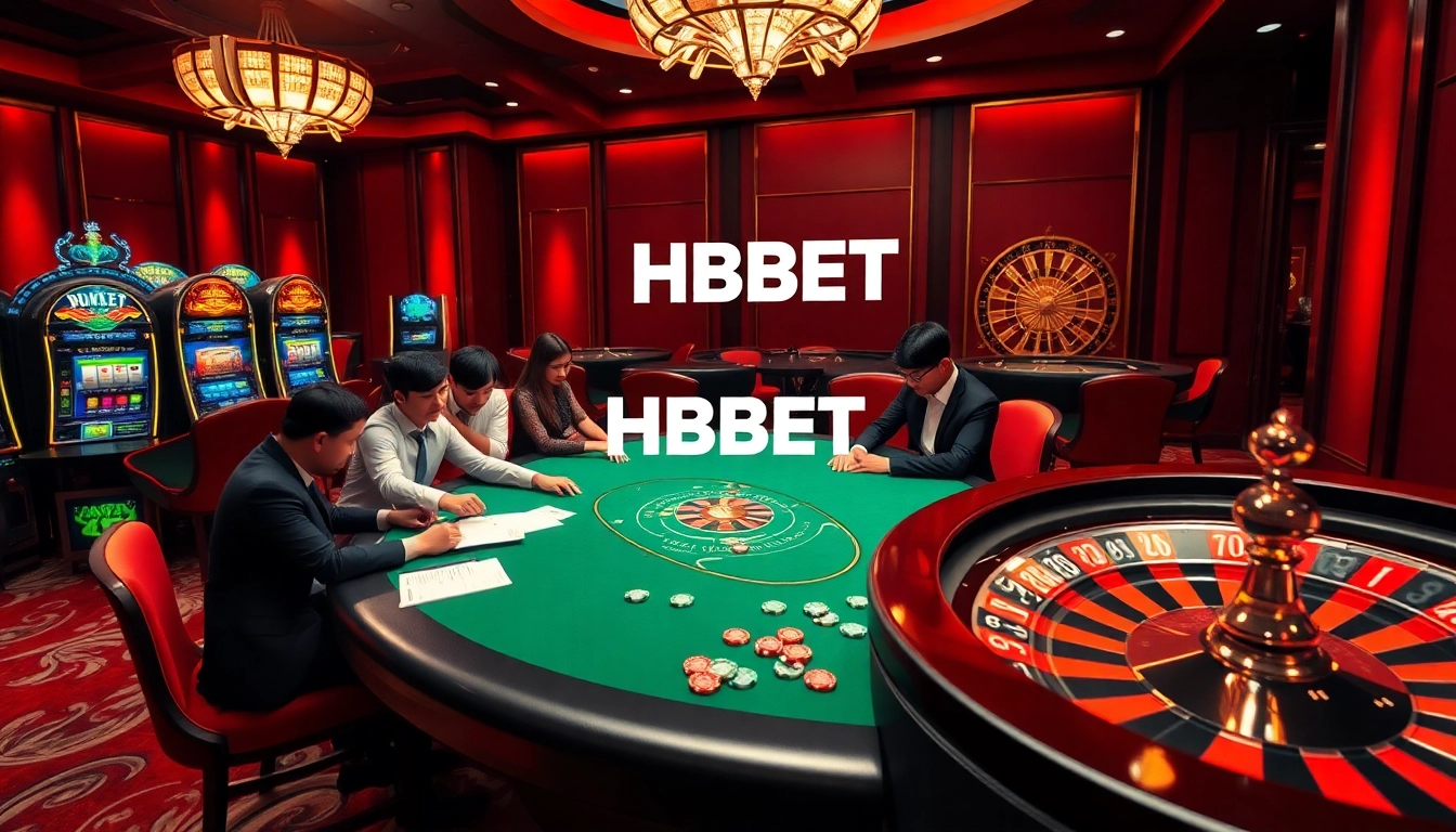 Engaged gamblers at a luxurious HBBET poker table with colorful chips and vibrant slot machines.