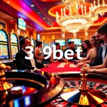 A vibrant casino scene showcasing 39bet with poker chips, slot machines, and a roulette table, capturing excitement and luxury.
