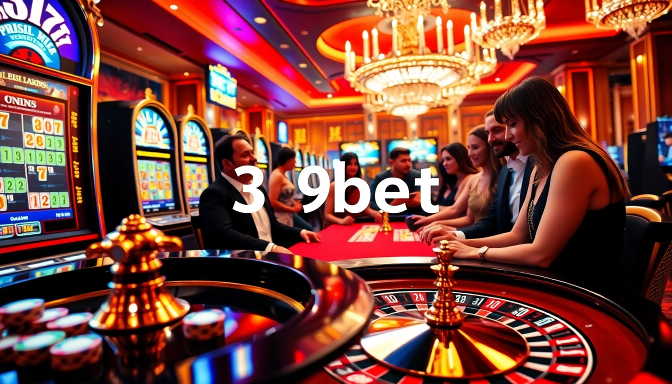 A vibrant casino scene showcasing 39bet with poker chips, slot machines, and a roulette table, capturing excitement and luxury.