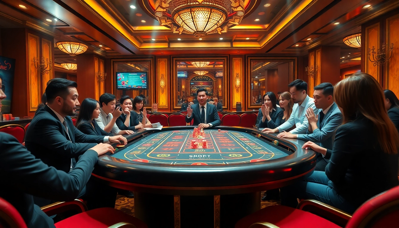 Players engage in an exciting game of xóc đĩa at a luxurious casino table with colorful chips.