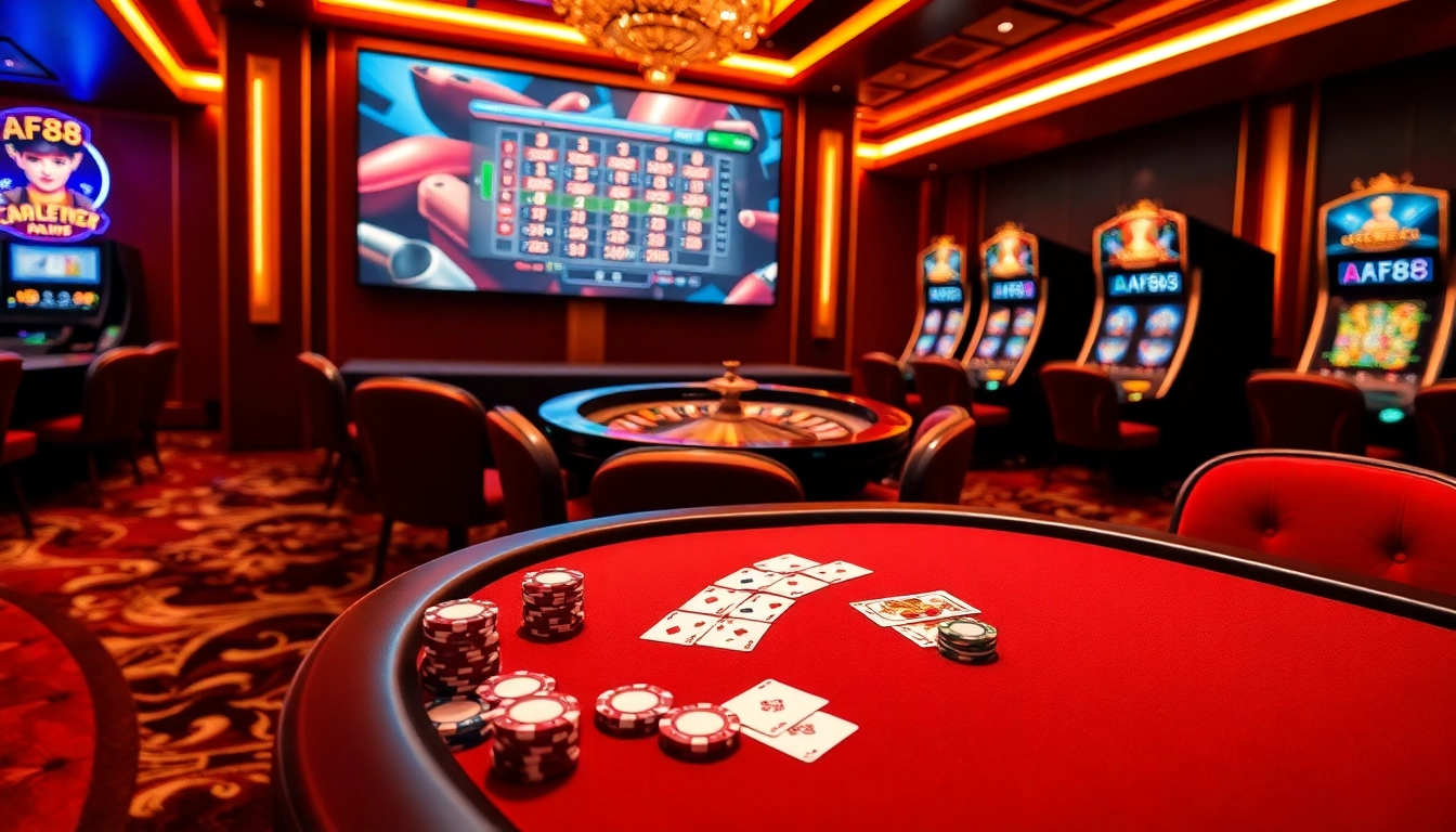 Engaging AF88 online casino scene with poker chips and roulette wheel.
