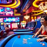 Players enjoying thrilling games at MV88 Casino with vibrant slot machines and roulette wheels.