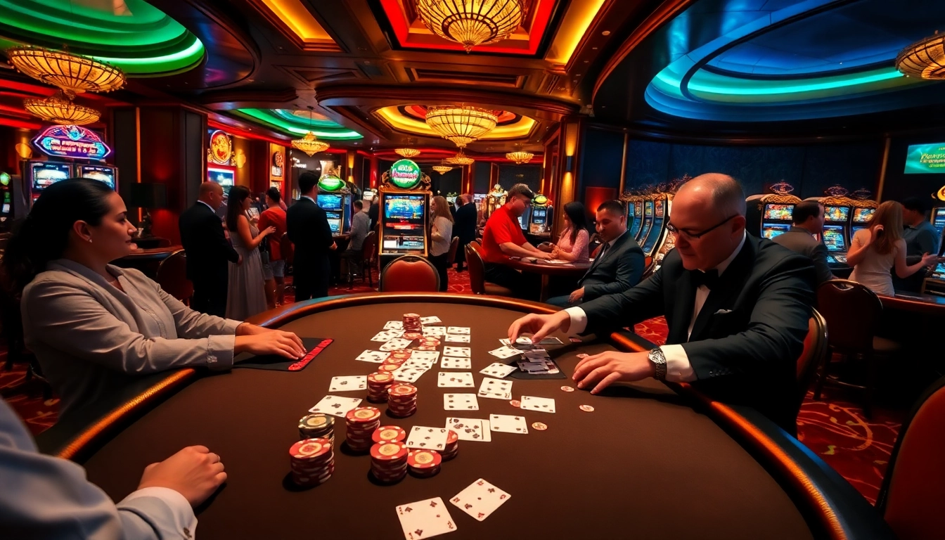 Play poker enthusiastically at http://gk88t2.com/ amidst a vibrant, luxurious casino setting.