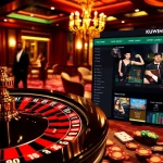 Excitement in KUWIN casino scene with roulette, cards, and tables.