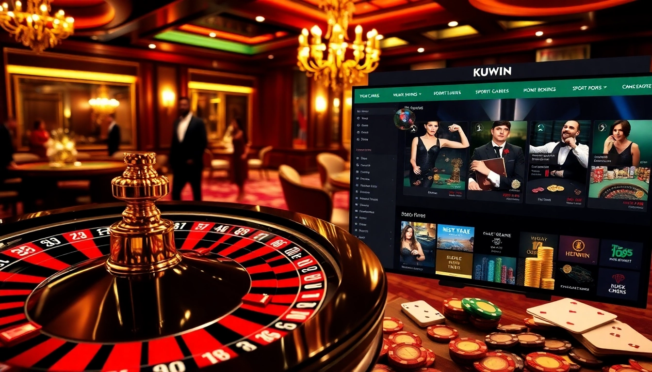 Excitement in KUWIN casino scene with roulette, cards, and tables.