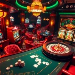 Engage with the excitement of gambling at https://www.vvjl11.com/ featuring a vibrant casino scene with poker tables, slot machines, and stylish decor.