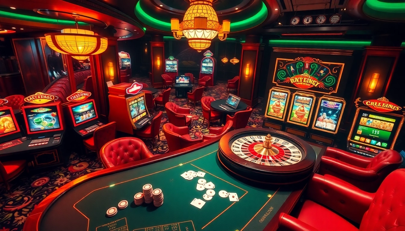 Engage with the excitement of gambling at https://www.vvjl11.com/ featuring a vibrant casino scene with poker tables, slot machines, and stylish decor.
