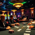 Experience FEBET gaming excitement at a lavish casino poker table with vibrant machines and action.