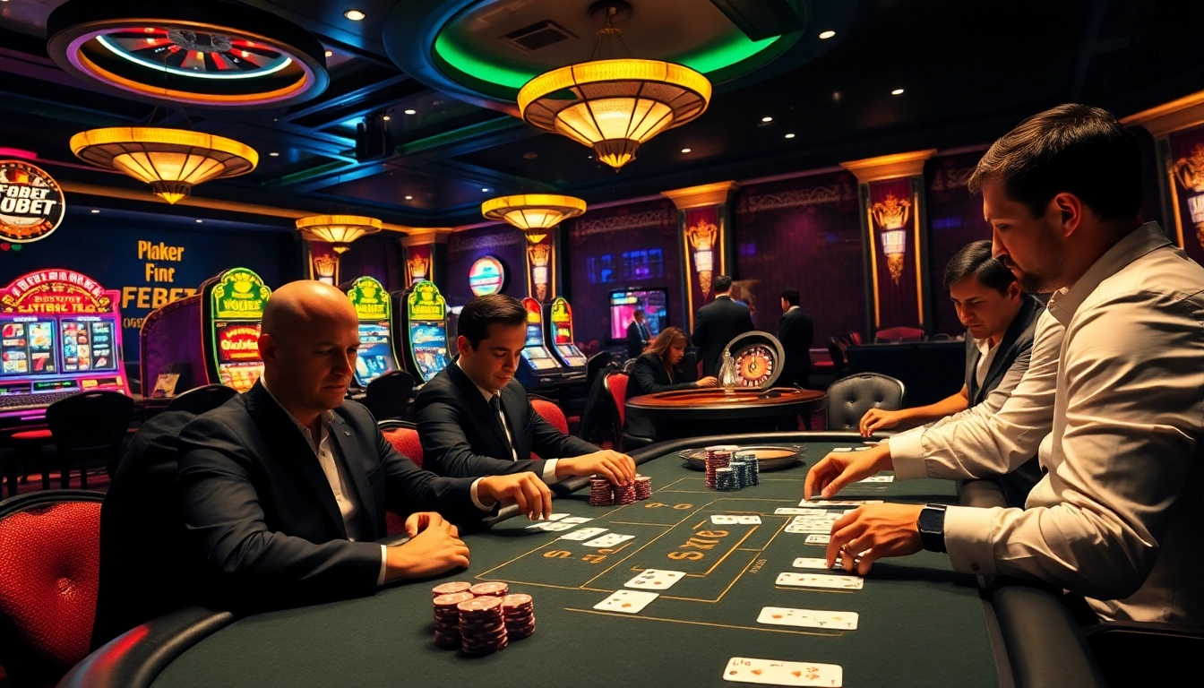 Experience FEBET gaming excitement at a lavish casino poker table with vibrant machines and action.