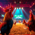 Live cockfighting action at sv368win.live showcasing vibrant roosters and digital betting excitement.