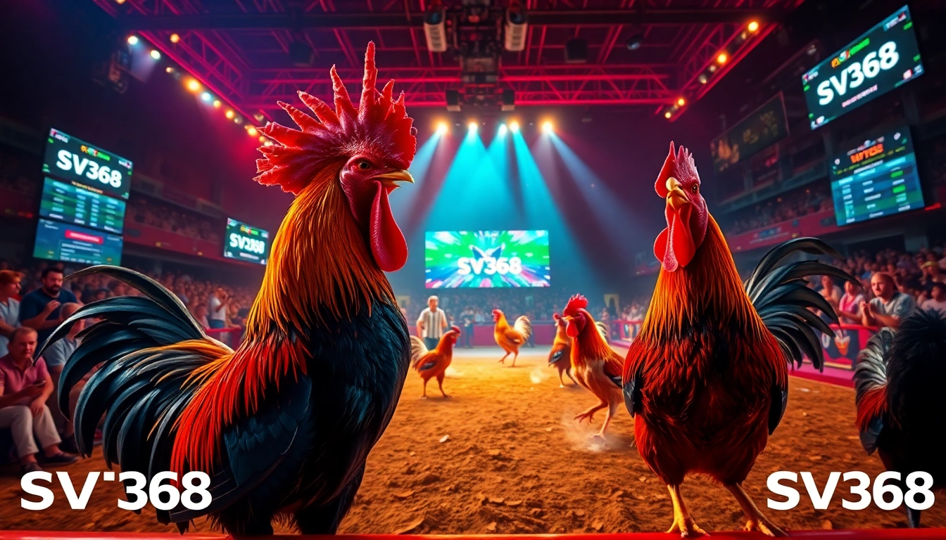 Live cockfighting action at sv368win.live showcasing vibrant roosters and digital betting excitement.