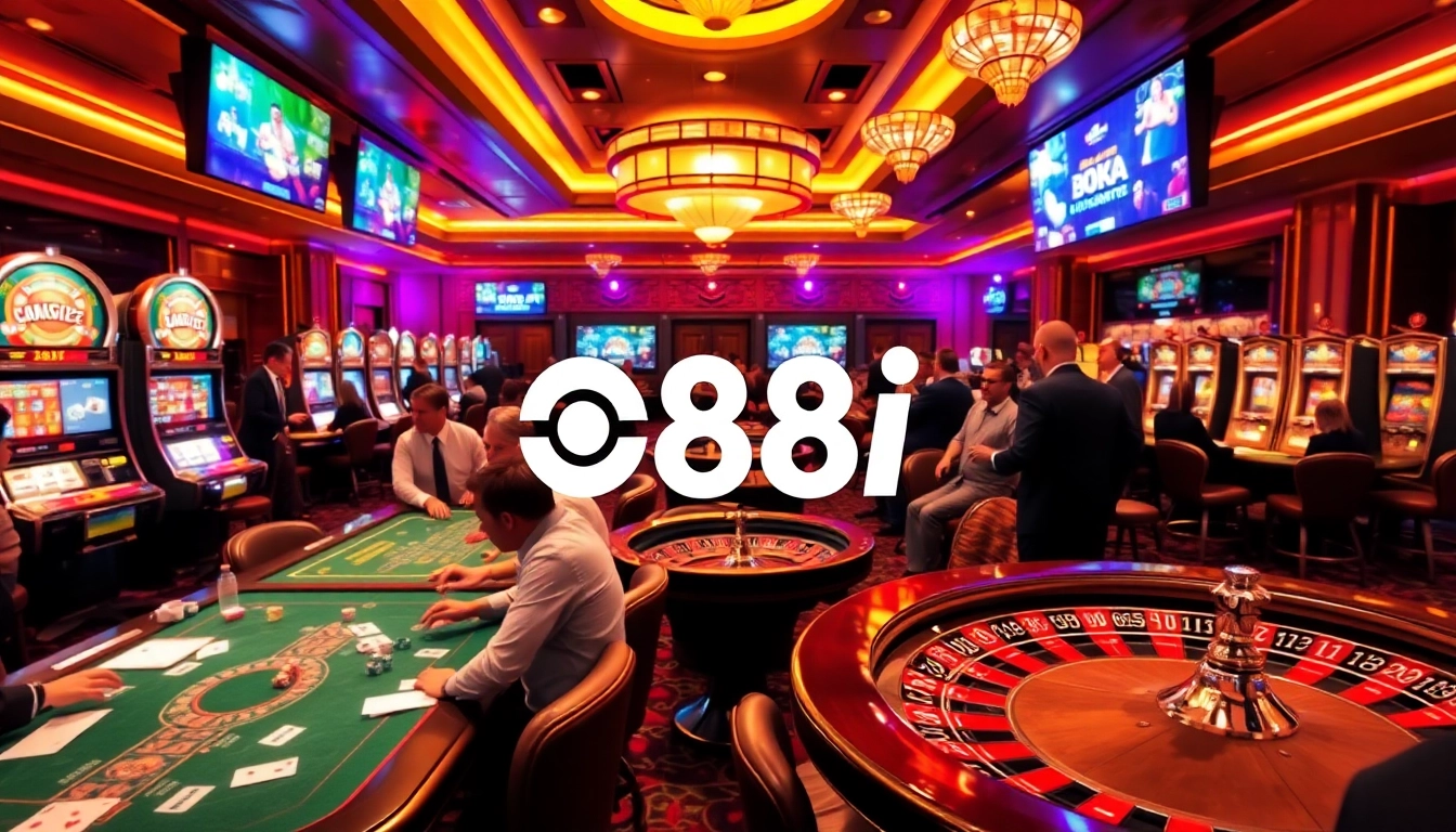 88i casino players enjoying games at luxurious tables and vibrant slot machines.