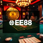 Players enjoying a thrilling game at an EE88 casino table with vibrant chips and cards.
