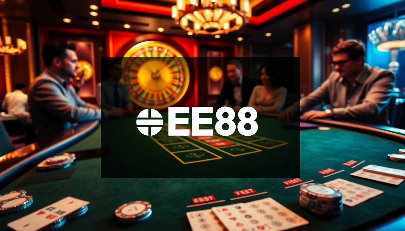 Players enjoying a thrilling game at an EE88 casino table with vibrant chips and cards.