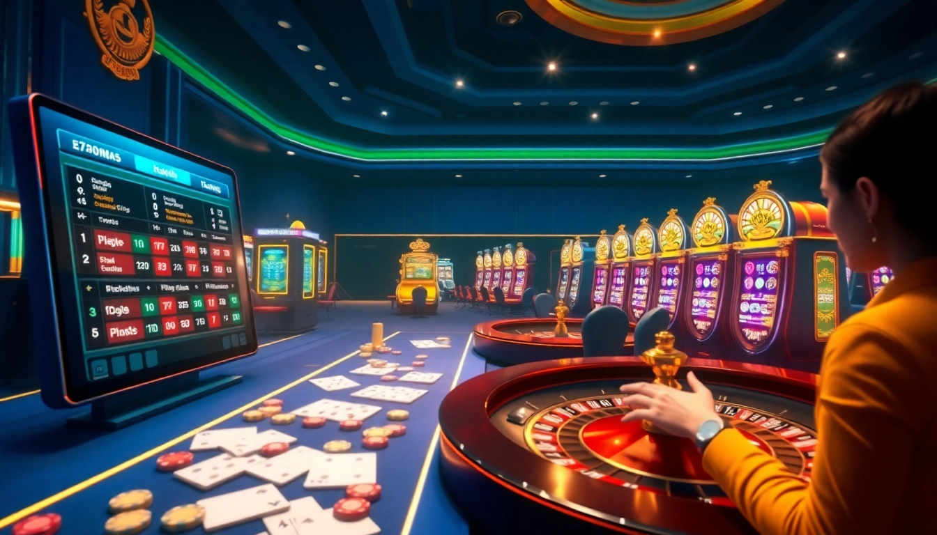 Experience the thrill of casinos with Luckywin's vibrant online gambling interface featuring roulette and slot machines.