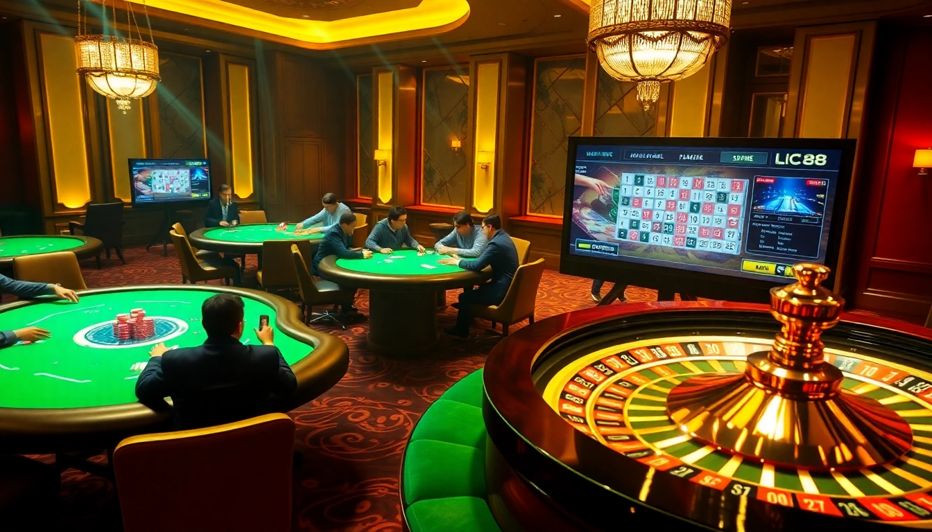 Players enjoying a game at LC 88's luxurious casino tables amidst a vibrant atmosphere.