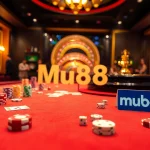 Mu88 casino table featuring vibrant chips and cards in a luxurious atmosphere.