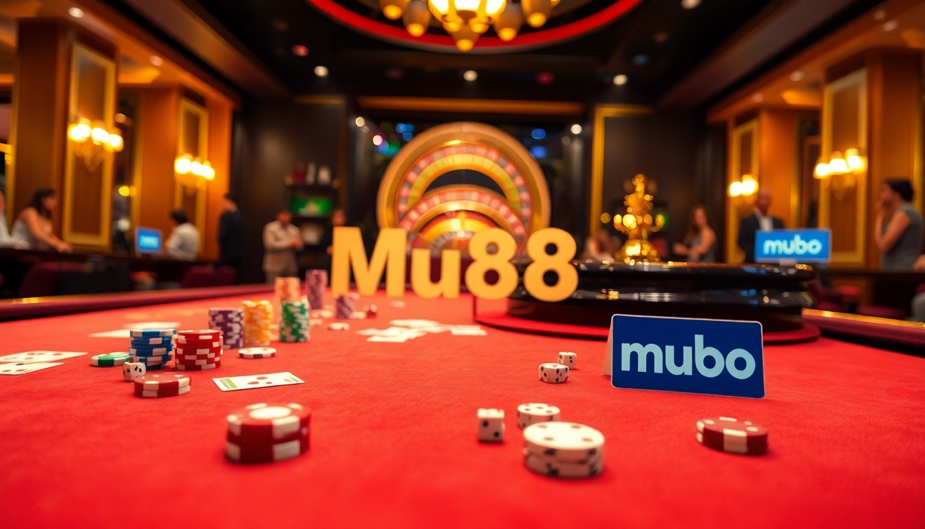 Mu88 casino table featuring vibrant chips and cards in a luxurious atmosphere.