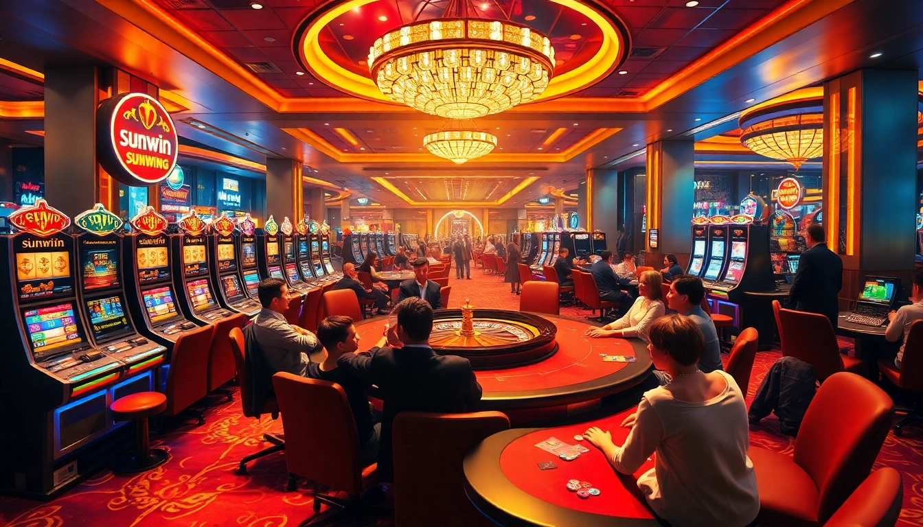 Players enjoying games at the sunwin casino, featuring slot machines and poker tables.