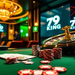 Exciting high-stakes poker scene featuring 79KING chips and luxury casino amenities.