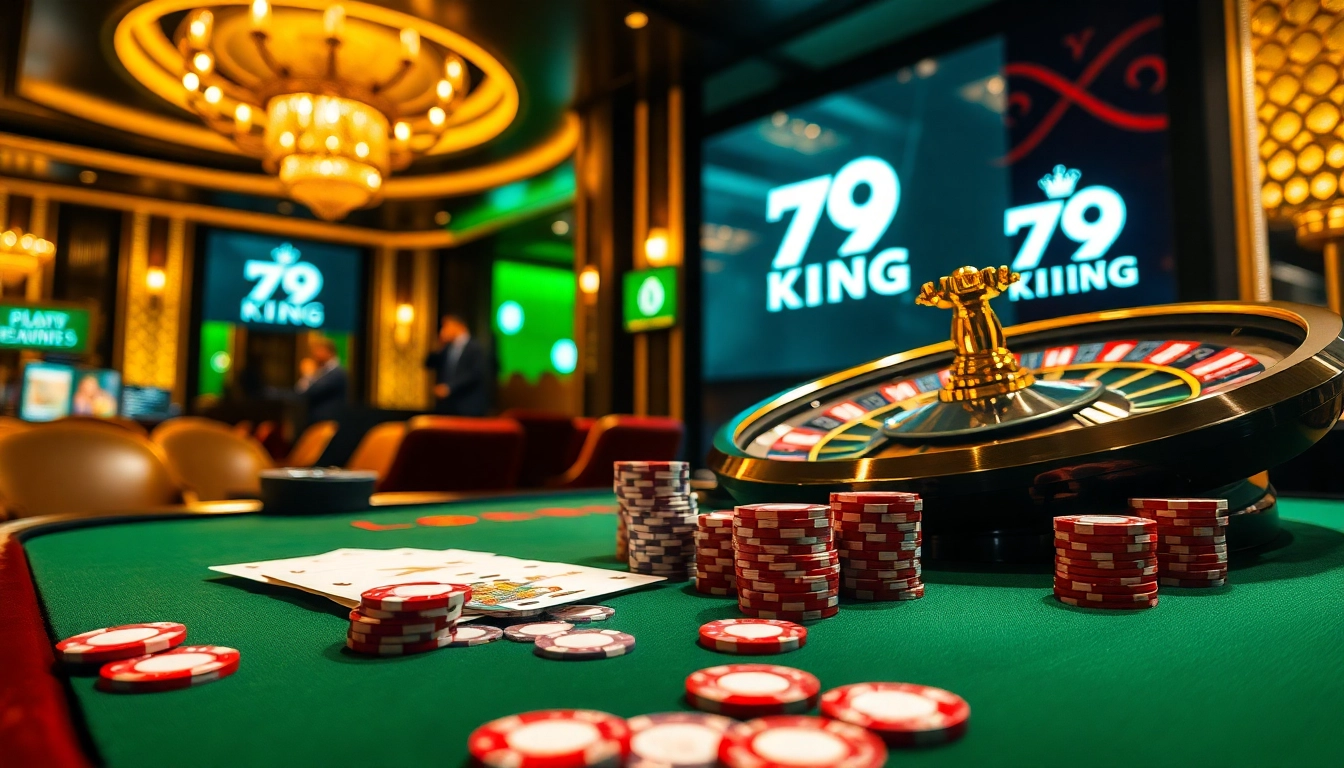 Exciting high-stakes poker scene featuring 79KING chips and luxury casino amenities.