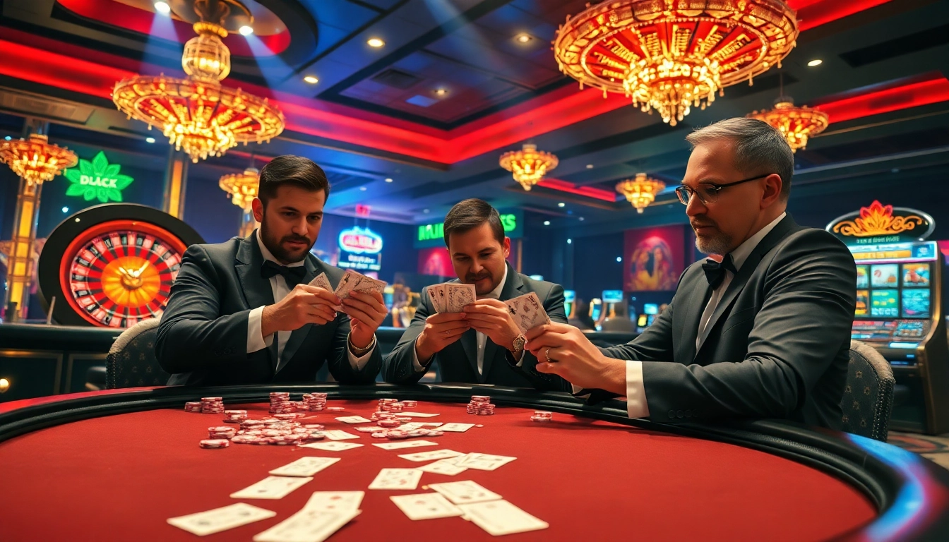 Experience high-stakes gaming at ku3933 with poker tables, roulette wheels, and vibrant casino ambiance.
