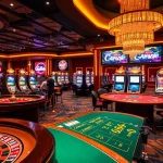 A vibrant casino scene featuring Nhà Cái LC88 elements, showcasing luxury gaming with roulette, poker, and slot machines.