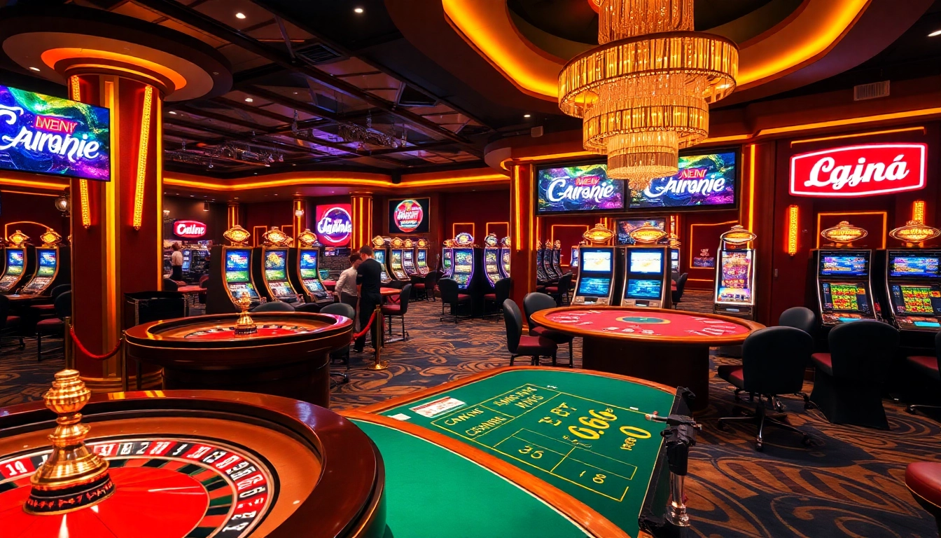 A vibrant casino scene featuring Nhà Cái LC88 elements, showcasing luxury gaming with roulette, poker, and slot machines.