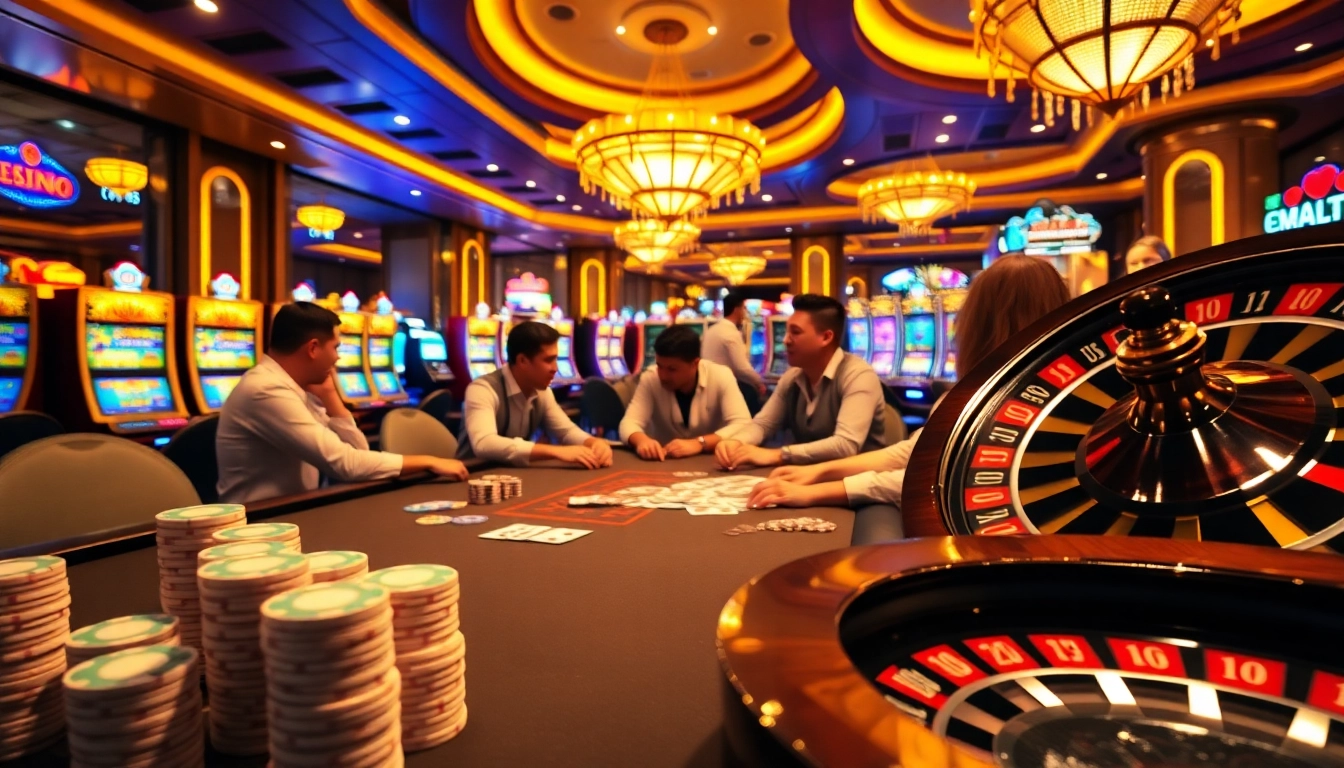 Engaging players at LC 88 poker table amidst vibrant casino ambiance.