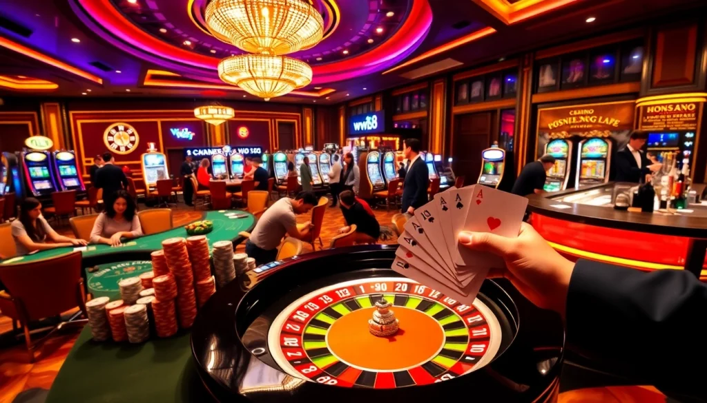 Thrilling scene of casino excitement with poker chips and link vào ww88 prominently displayed.