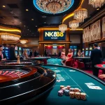 Players engaging with vibrant slot machines and roulette wheels in an NK88-themed luxurious casino scene.