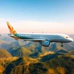 Vietnam Airlines VN168 aircraft flying over Vietnam's stunning landscapes, inviting adventure.