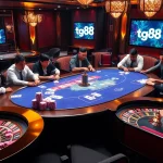 Engaged players at a tg88-branded poker table in a luxurious casino.