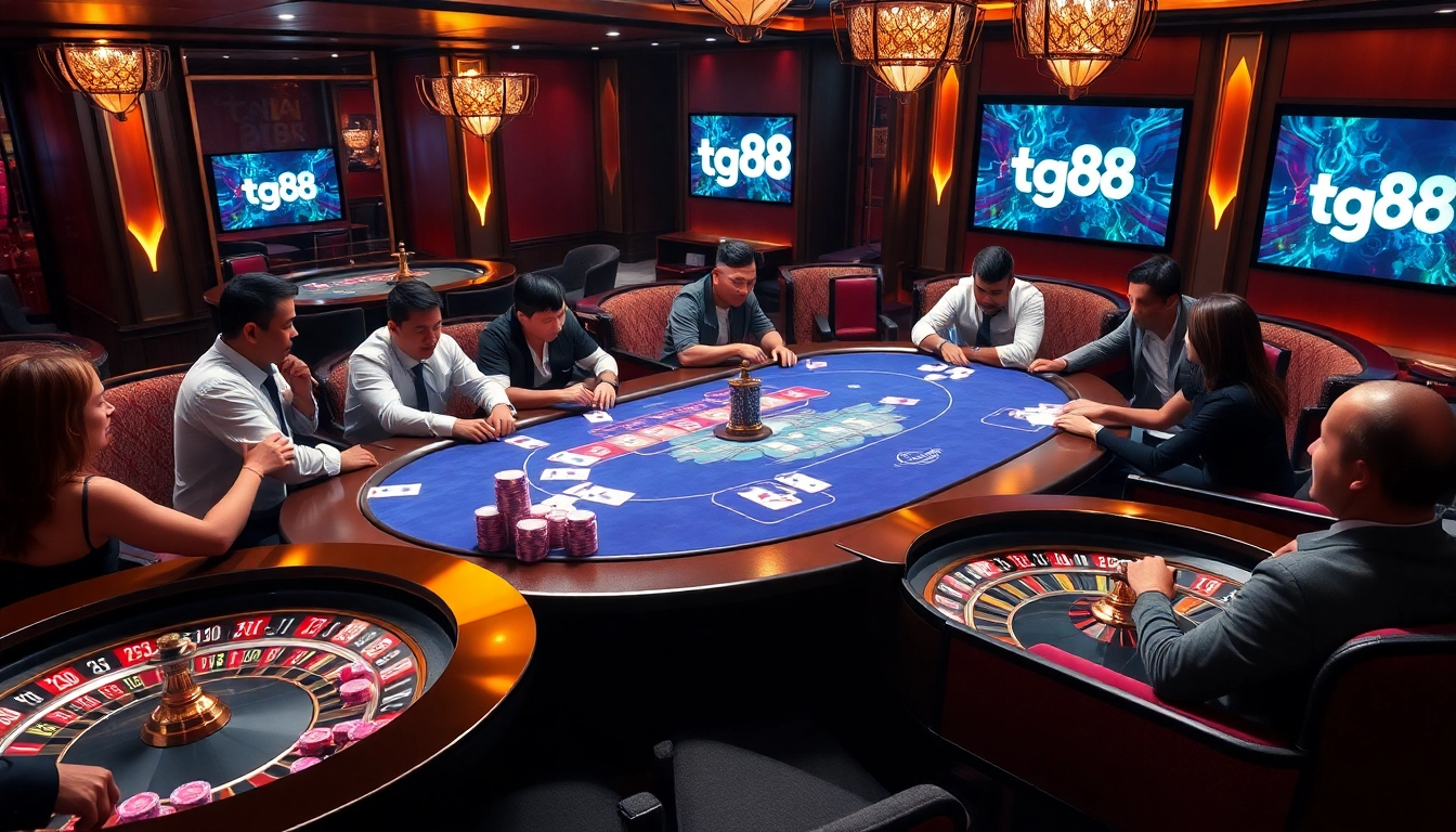 Engaged players at a tg88-branded poker table in a luxurious casino.