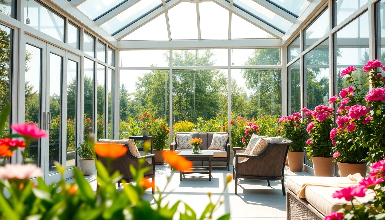Relaxing glass sunroom surrounded by lush greenery and natural sunlight.