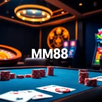Experience the excitement of mm88 in a luxurious online casino setup featuring poker chips and roulette.
