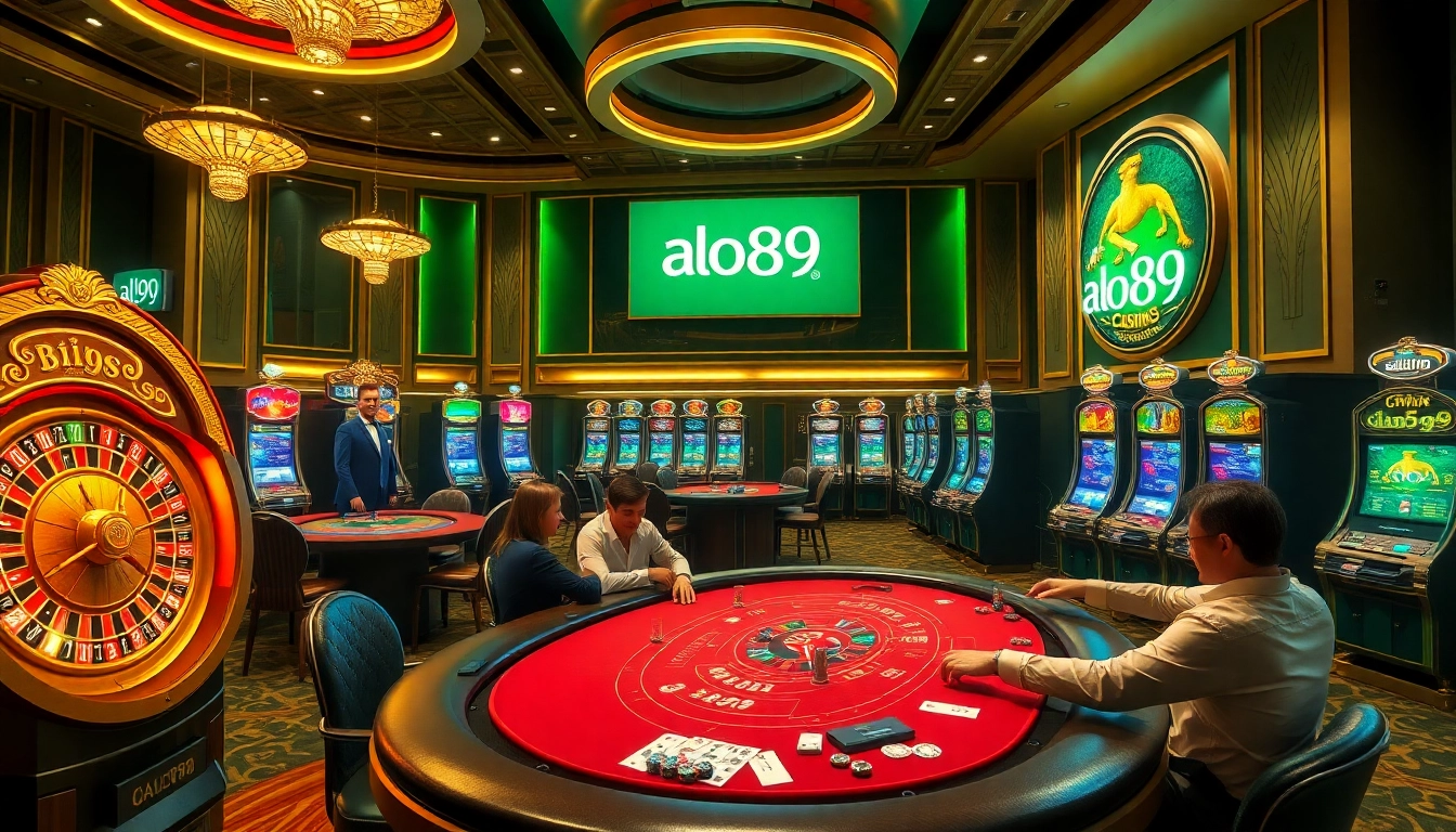Engaging view of a high-stakes poker game at a luxurious casino featuring the alo789 logo.