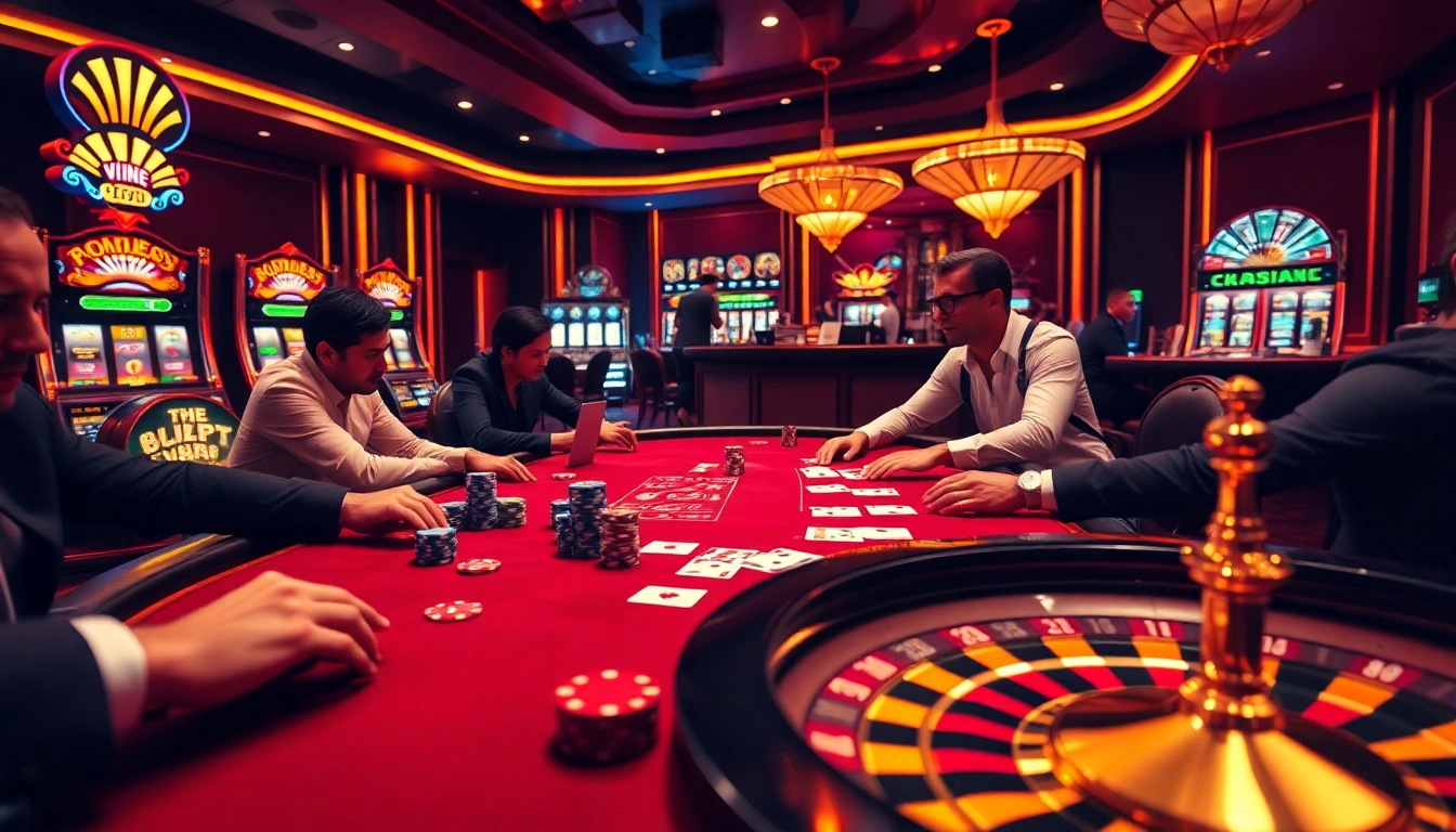 Kuwin casino scene showcasing an elegant poker table and vibrant atmosphere filled with gamblers playing exciting games.