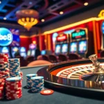 Engaging gambler at a vibrant ABC 8 casino table with colorful poker chips and a roulette wheel.