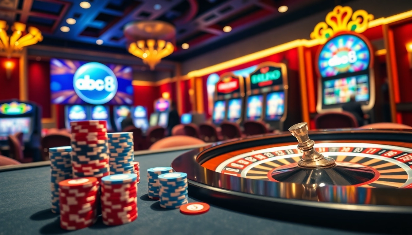 Engaging gambler at a vibrant ABC 8 casino table with colorful poker chips and a roulette wheel.
