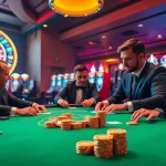 W88 players strategizing at a luxurious casino poker table with vibrant chips and cards.