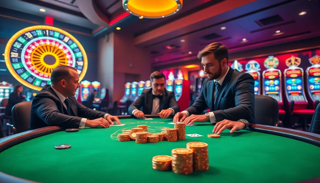 W88 players strategizing at a luxurious casino poker table with vibrant chips and cards.