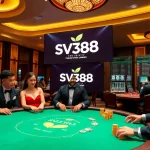 Exciting gaming scene showcasing nhà cái SV388 poker action with colorful chips and online betting interface.